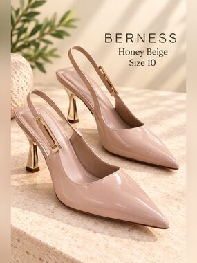 Berness Honey Beige Patent Pointed Toe Slingback Heels Size 10